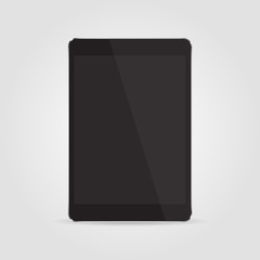 Realistic black tablet with blank screen isolated on grey background. Vector illustration
