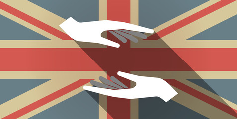 Long shadow UK flag icon with  two hands giving and receiving  o