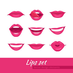 Obraz premium Woman lips set. Mouth with a kiss, smile, tongue. Vector illustration.