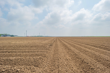 Fototapeta na wymiar Plowed field with furrows in spring