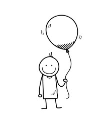 Little Kid Holding A Balloon, a hand drawn vector doodle illustration of a stick figure holding a big balloon.