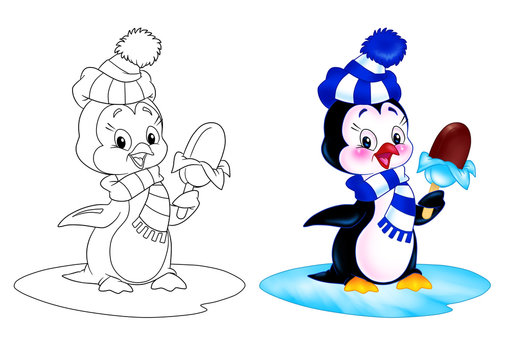 Penguin  eating ice cream while cartoon illustration coloring page