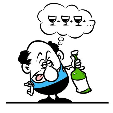 Man drunk bottle wine cartoon illustration