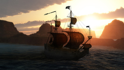 Medusa pirate ship at sunset.