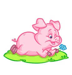Pig lying lawn image animal character  cartoon illustration