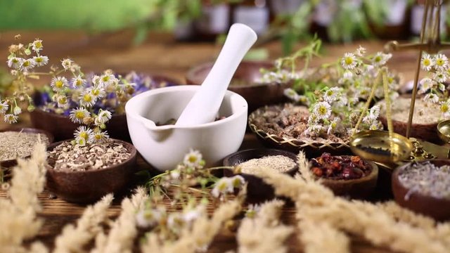 Assorted natural medical herbs and mortar