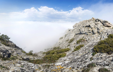 View from the rocky top of the mountain above the clouds. Crimea