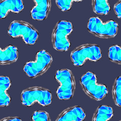 Seamless winter pattern with snowboard goggles isolated on blue background. Low poly vector design.