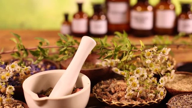 Herbs medicine and vintage wooden