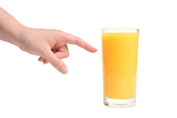 Human hand gesturing with orange juice. Summer and refreshment conception