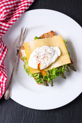 Toasted sandwich with salad leaves, asparagus, cheese and poached egg, closeup, top view