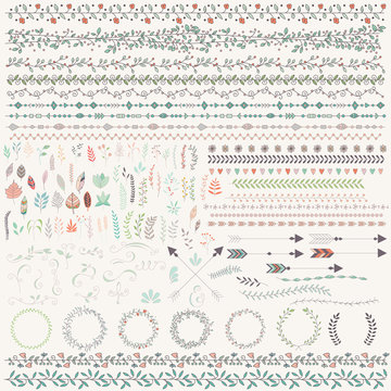 Hand drawn vintage leaves, arrows, feathers, wreaths, dividers,