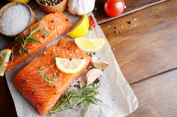 Raw salmon on baking paper