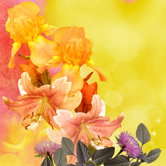 Obraz na płótnie Canvas bouquet iris and lily on yellow shabby background