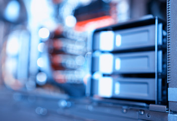 Fototapeta premium Horizontal data storage array bokeh background