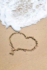 Top view on heart drawn. Beach copy space background 