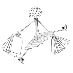 Illustration of a young woman walking with shopping bags black and white