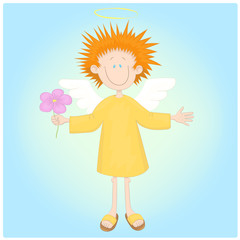Vector hand drawn illustration of a cute smiling flying angel with flower