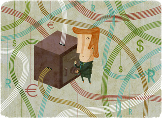 Thief with stethoscope hacks virtual bank safe. Money sign flying in the air. Creative cartoon illustration.