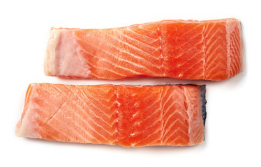 Fresh raw salmon fillet isolated on white, from above