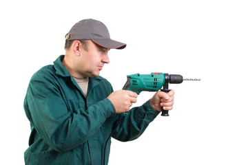 worker drilling, clipping path included