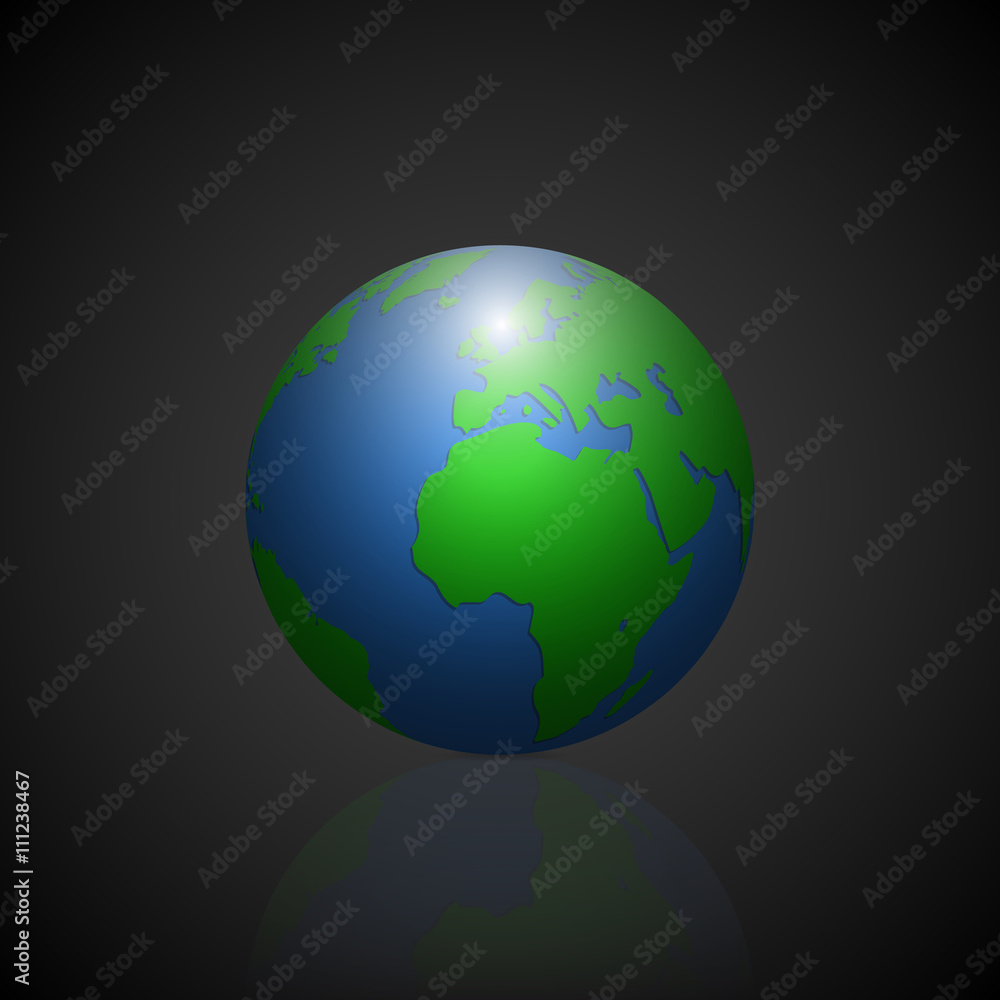 Aufkleber globe icon with green shadow continents and mirror shadow planet on gradient black background. vecto