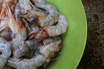 Fresh Shrimps on green dish