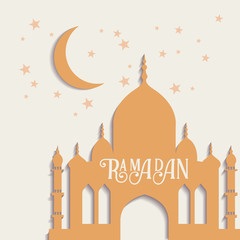 Ramadan vector greeting card with silhouette of mosque. Vector multicolor seamless background. Ramadan Kareem.