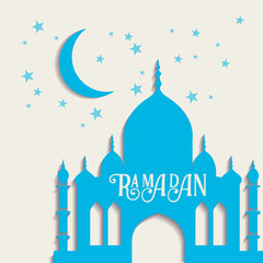 Ramadan vector greeting card with silhouette of mosque. Vector multicolor seamless background. Ramadan Kareem.