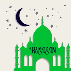 Ramadan vector greeting card with silhouette of mosque. Vector multicolor seamless background. Ramadan Kareem.