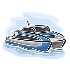 Vector illustration of logo for high-speed ferry catamaran, consisting of velocity passenger express ship, floating on the ocean sea waves close-up on blue background