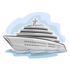  Vector illustration of logo for large mega yacht, consisting of luxury cartoon cruise liner ship, floating on the ocean sea waves close-up on blue background 