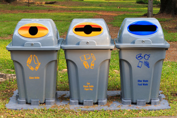 Recycle bins at public park. Public garbage bins