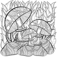 Coloring book page for adults. Scene with mushrooms