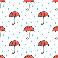 Cute cartoon doodle umbrella and water drops seamless pattern background.