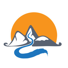 Mountain river and sun, vector logo illustration.