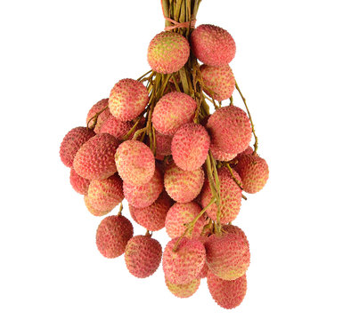 fresh lychees on white background