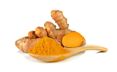 Turmeric and turmeric powder on white background