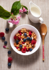 Healthy breakfast Fresh granola, muesli in bowl with milk and berries 