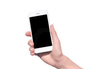 Mobile phone in hand on white background. 