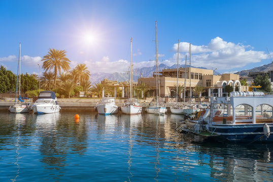 Yachts and ships in marina of Aqaba, Jordan southernmost city, popular resort, located at the northern tip of the Red Sea