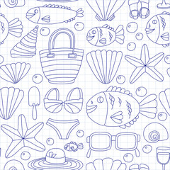 Vector doodle pictures of beach vacation and tropical sea life