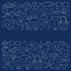 Vector doodle pictures of beach vacation and tropical sea life