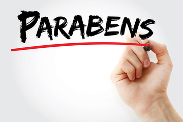 Hand writing Parabens (Happy Birthday in Portuguese) with marker, concept background