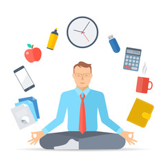 Flat vector concept illustration meditation. Manager meditates at work in the lotus pose. Businessman sitting in the meditation surrounded with office tools. Infographic elements for web, presentation
