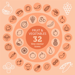 Fruit and vegetables icon set. Garden and tropical harvest modern thin vector line icons. Isolated elements for vegetarian infographic for web, internet, publish, presentations and social networks