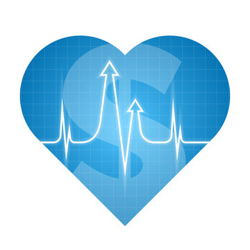 Business heart pulse concept. Vector illustration of finance development process. Isolated blue heart silhouette, heartbeat line with arrows shape. Element for web, print, presentation, social network
