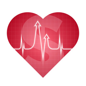 Business and science heart pulse concept. Vector illustration of medical and finance development process. Isolated red heart silhouette, heartbeat line with arrows shape. For internet, social networks