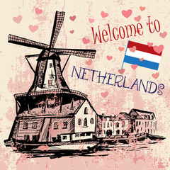 Traditional Netherlands landscape with windmills