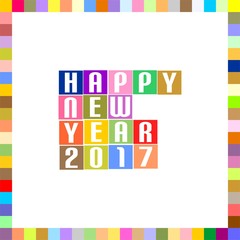 New Year Greetings for 2017 with white lettering Happy New Year 2017 in colorful squares with a frame around the color pixels on a white background